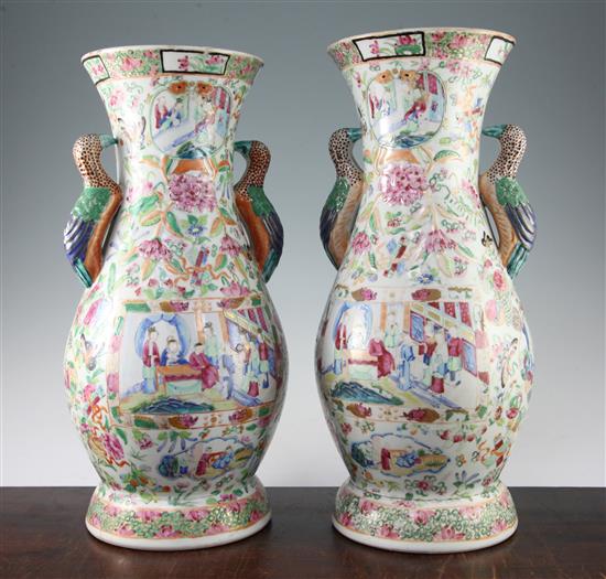 A pair of unusual Chinese Canton-decorated vases, 19th century, 44cm, bases repaired